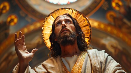 Obraz premium A serene portrayal of a religious figure with a halo, gazing upwards in a beautifully lit sacred space, conveying spirituality and devotion. 