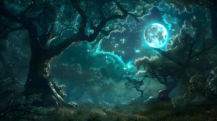Enchanted nighttime forest landscape with celestial beings
