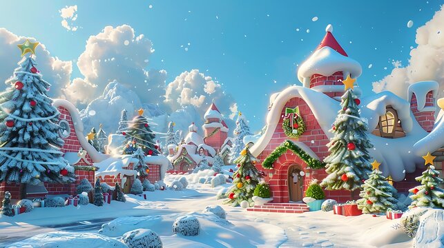 A whimsical winter wonderland showcasing charming snow-covered houses, adorned Christmas trees, and a festive atmosphere beneath a blue sky. 
