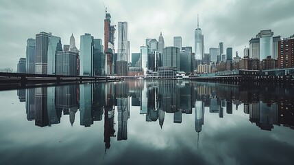 A dramatic view of a modern skyline reflected in calm waters under a moody sky, conveying urban serenity and architectural beauty. 