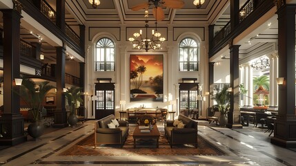 An elegant hotel lobby featuring luxurious furnishings, high ceilings, and decorative art, creating an inviting atmosphere for guests. 