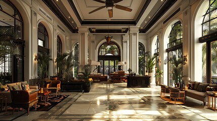 A luxurious hotel lobby featuring elegant furnishings, abundant natural light, and lush indoor plants, creating a welcoming atmosphere for guests. 