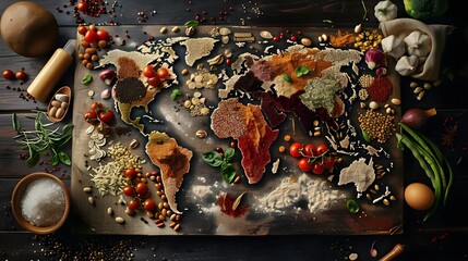 Global cuisine diversity map made of food ingredients