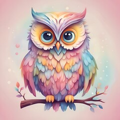 Fototapeta premium Colorful owl perched on a branch surrounded by soft pastel background