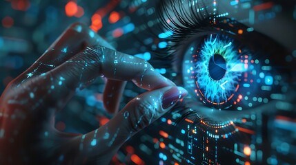 A close-up of a futuristic human eye being touched by a hand, surrounded by glowing digital patterns and data streams, symbolizing technology and innovation. 