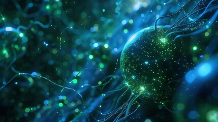 A captivating abstract representation of glowing cellular structures intertwined with vibrant blue and green light, evoking a sense of connection and depth in a digital environment. 