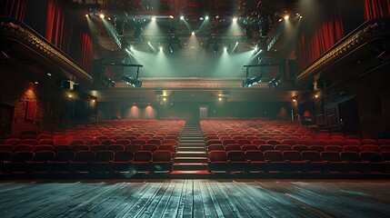 A beautifully lit, empty theater showcasing a row of red velvet seats with a wooden stage, perfect for events and performances. 