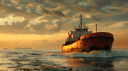 Fototapeta premium A vibrant sunset scene featuring a cargo ship navigating through the water with reflections on the waves. 