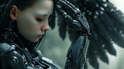 A close-up of a futuristic female cyborg with intricate robotic features and flowing dark feathers, expressing a contemplative emotion. 