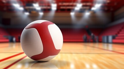 Close-up of Volleyball on Polished Hardwood, Background is Large Bright Red Indoor College Gymnasium