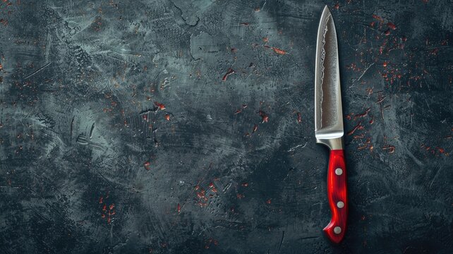 Sharp kitchen knife with red handle on textured dark surface