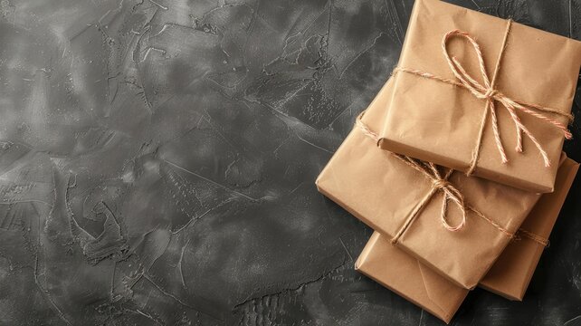 Brown paper packages with tied string on dark textured surface