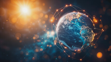 Fototapeta premium Digital technology speed connect blue green and cyber security network using interconnected nodes on world map, nan information, abstract communication, innovation future tech data, internet netwok.