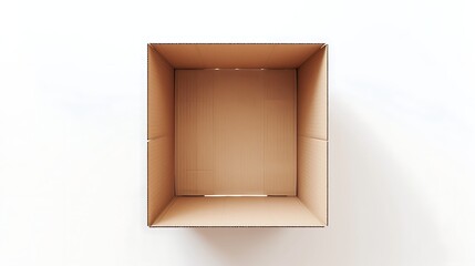 A top-down view of an empty cardboard box on a white surface, ideal for packaging and shipping concepts. 