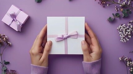 Obraz premium A beautifully wrapped gift box in lavender, held by hands against a soft purple background, evokes a sense of celebration and thoughtfulness. 