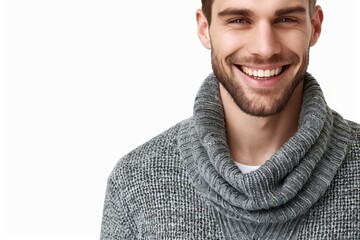 Confident  smiling man in grey sweater exudes trust and motivation.