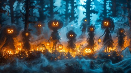A haunting Halloween scene with trick or treaters wearing glowing jack-o-lanterns and standing in a misty forest creating a spooky atmosphere at night