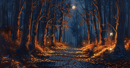 autumn stone sidewalk in serene forest landscape, illuminated by soft lantern light, orange and brown fall foliage, tranquil atmosphere, suitable for marketing, wellness, and travel industries,...