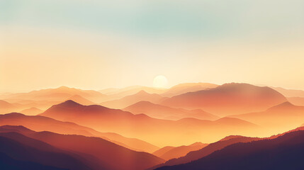 Obraz premium breathtaking landscape, serene mountains, soft hazy colors, peaceful sunrise, ideal for travel marketing, nature enthusiasts, emotional connection with tranquility, spacious copy space,...