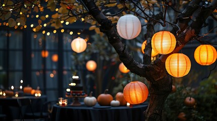 Fototapeta premium A beautifully arranged outdoor scene featuring glowing lanterns and pumpkins, perfect for autumn celebrations and gatherings. 