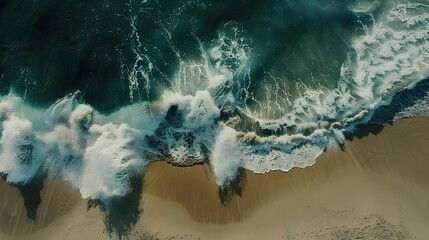Wide birds eye view aerial of ocean waves crashing