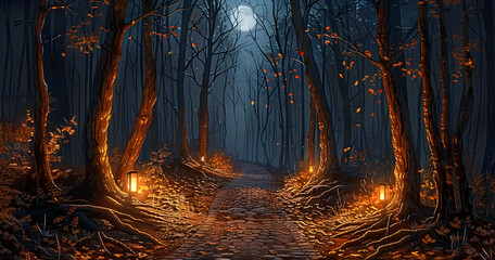Obraz premium enchanted nighttime forest pathway, illuminated by warm lanterns, autumn foliage, mystical atmosphere, ideal for travel, nature exploration, storytelling, seasonal decor, wellness retreats,...