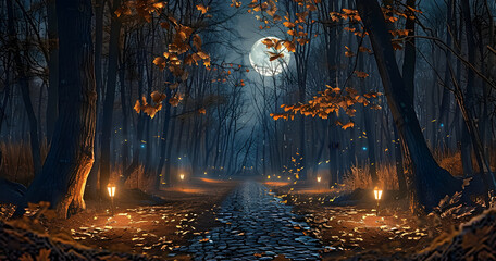 autumn landscape with cobblestone path, moonlit forest scene, inviting lantern lights, warm orange foliage, serene nighttime atmosphere, ideal for seasonal marketing, nature-themed decor,...
