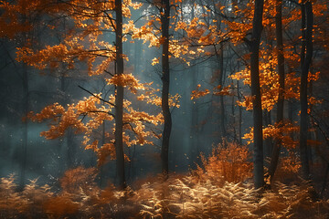 autumn forest landscape, vibrant orange leaves, serene atmosphere, golden ferns, nature's beauty, seasonal appeal, outdoor exploration, calming space, evokes nostalgia, ideal for decor, marketing,...