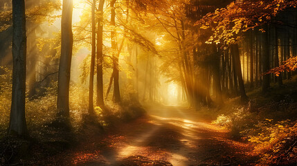 Obraz premium serene autumn forest path, golden sunlight filtering through trees, tranquil nature scene, perfect for relaxation, wellness, mindfulness, evokes peace and nostalgia, ideal for prints,...
