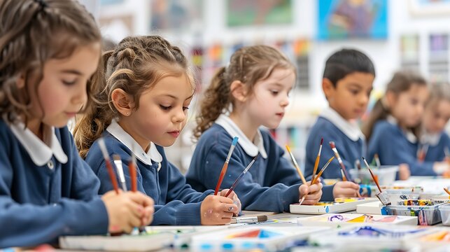 A diverse group of young children engaged in a creative art class, focused on painting and drawing with various materials. 