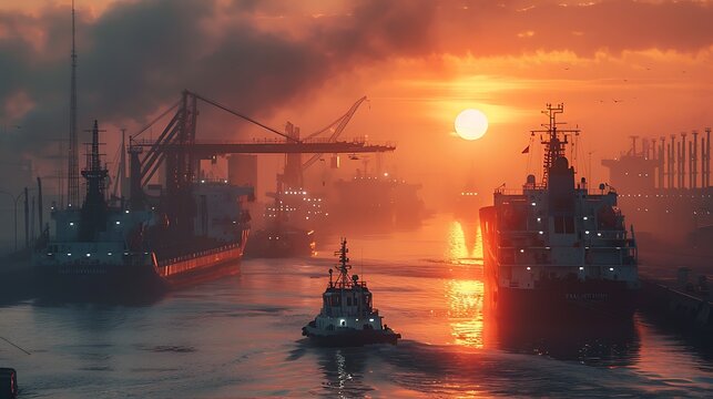 A breathtaking sunset over a busy harbor, featuring cargo ships and tugboats silhouetted against the vibrant sky.