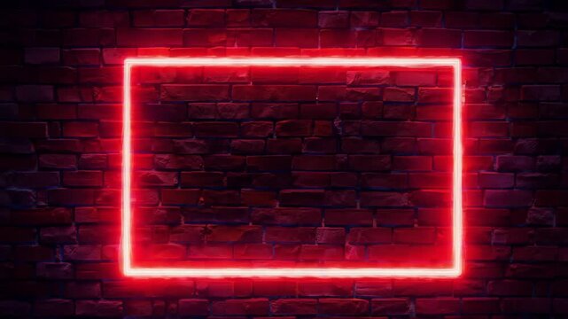 Motion animation of glowing neon rectangle red frame on black brick wall background. Electric fluorescent sign with empty space. Retro style. 