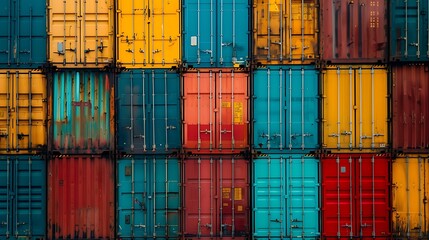 A vibrant and colorful arrangement of shipping containers, showcasing a variety of textures and hues. 