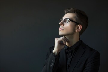 Obraz premium Young handsome man in black suit and glasses looking at copy space thinking or dreaming