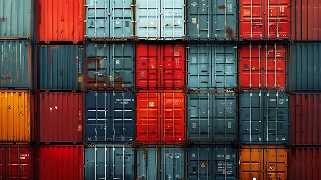 A vibrant and textured arrangement of shipping containers in various colors, showcasing industrial patterns and design. 