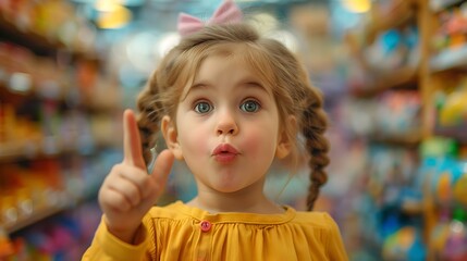 Fototapeta premium A surprised young girl with pigtails and a yellow shirt holds a finger to her lips, signaling for silence in a colorful store aisle. 