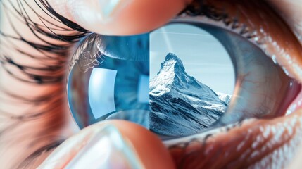 Obraz premium Contact lenses side by side, one lens with clear text, the other capturing a far-off mountain peak.
