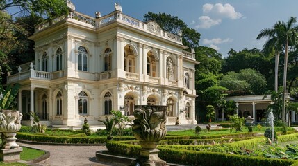 Fototapeta premium Detailed white mansion with decorative carvings and lush garden.