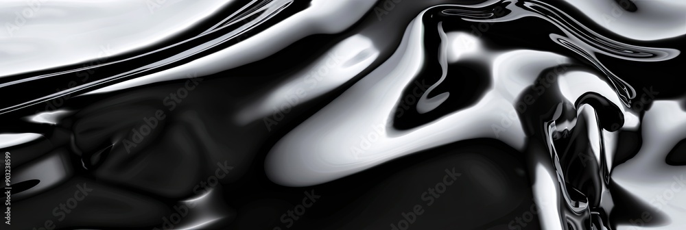 Poster shiny black abstract liquid material creating unique shapes on a pure white background