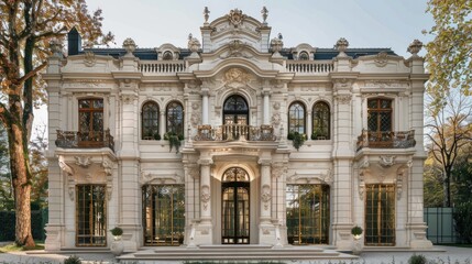Obraz premium Detailed white mansion with ornate windows and intricate stonework.