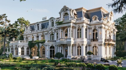 Detailed white mansion with ornate windows and lush garden.