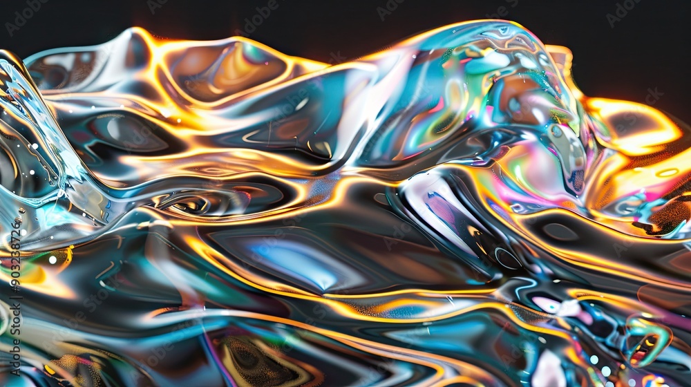Poster surreal abstract fluid liquid metal displaying iridescent colors in a setting during creative digita