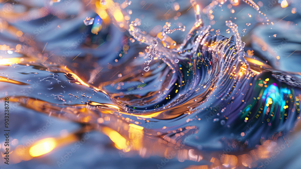 Poster Surreal Display of Abstract Iridescent Fluid Metal With Vibrant Liquid Dynamics at Dawn