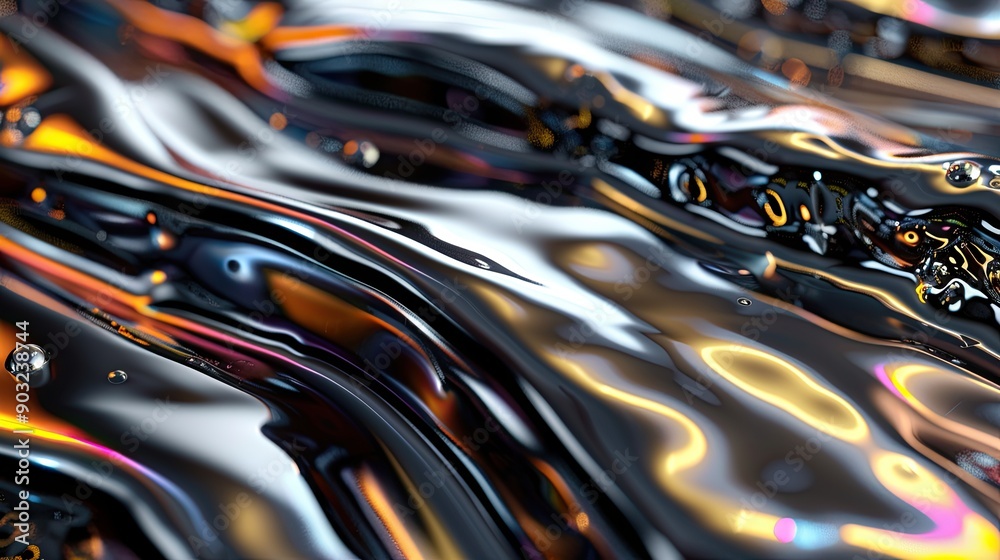 Poster flowing iridescent liquid metal with surreal quality in abstract composition