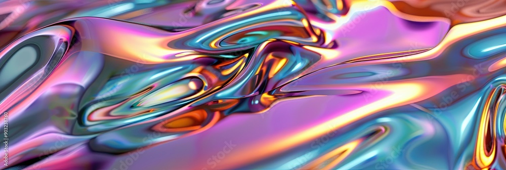 Poster fluidic iridescent metal surface shimmering under soft light in a surreal studio environment