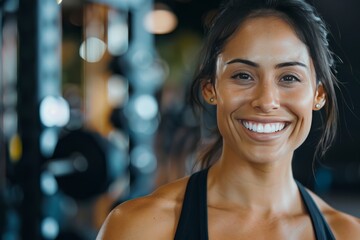 A fit muscular female personal trainer smiling at the camera in a gym, close up