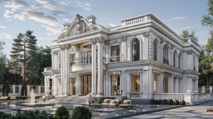 Obraz premium Elegant white mansion with detailed stonework and classic detailing.