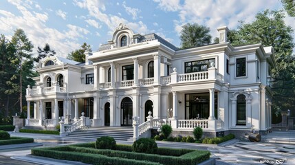 Elegant white mansion with detailed stonework and classic detailing.