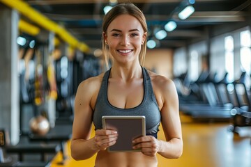 A fit muscular female personal trainer smiling at the camera in a gym, close up