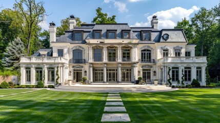 Obraz premium Elegant white mansion with intricate stonework and manicured lawns.